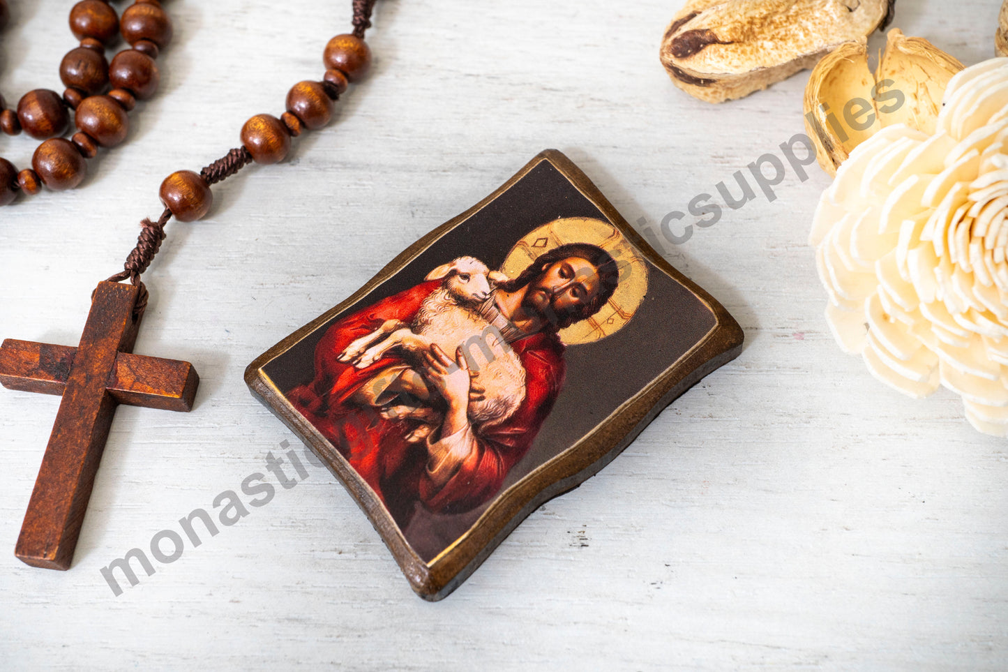 The Good Shepherd – Mini Wooden Icon with Magnet, Golden Silk Canvas