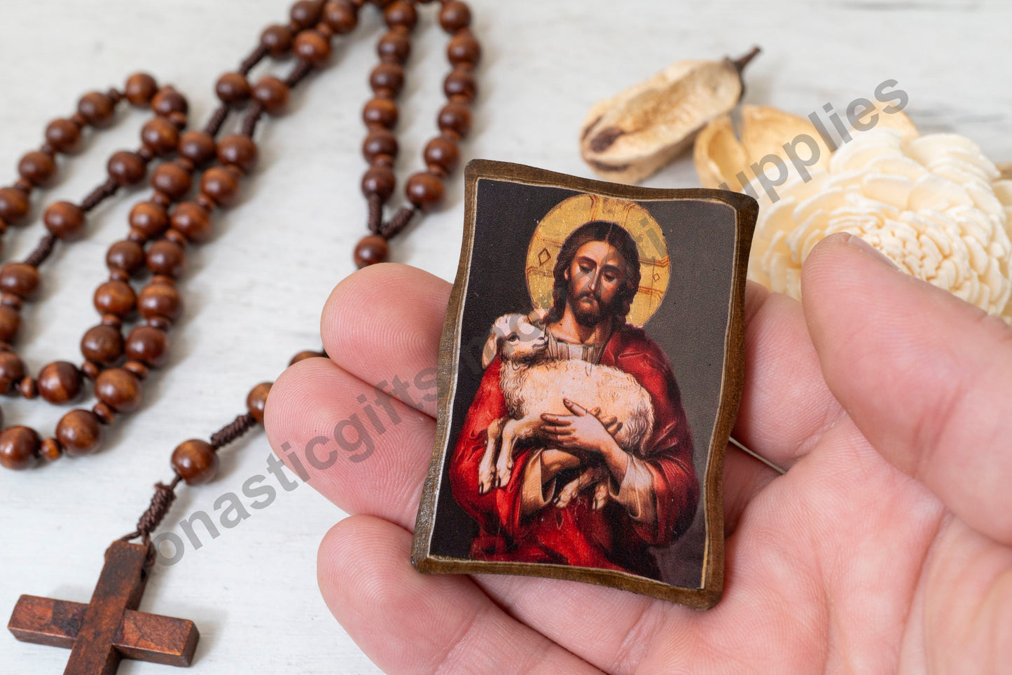 The Good Shepherd – Mini Wooden Icon with Magnet, Golden Silk Canvas