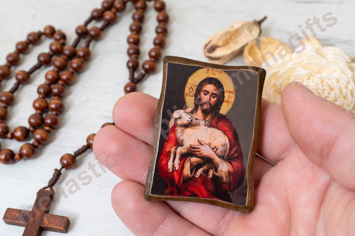 The Good Shepherd – Mini Wooden Icon with Magnet, Golden Silk Canvas