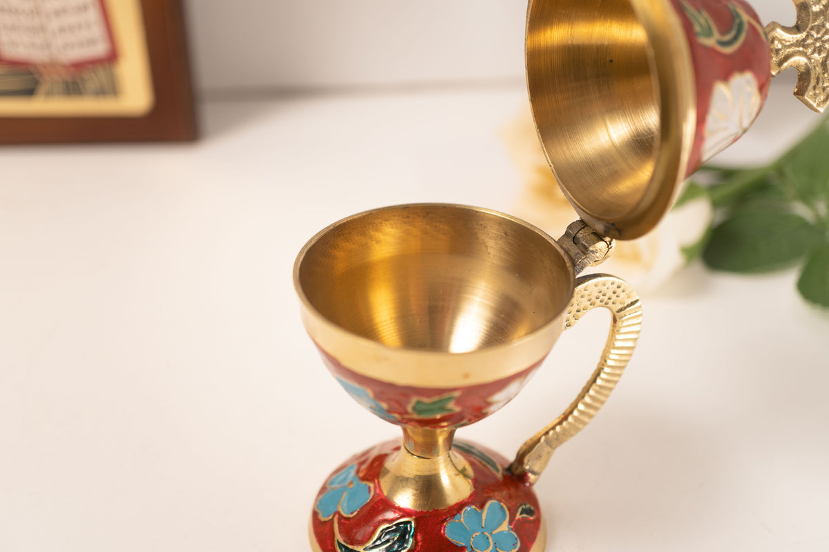 Red enameled brass censer handmade orthodox burner with handle and cross lid 13cm 5.12 inches
