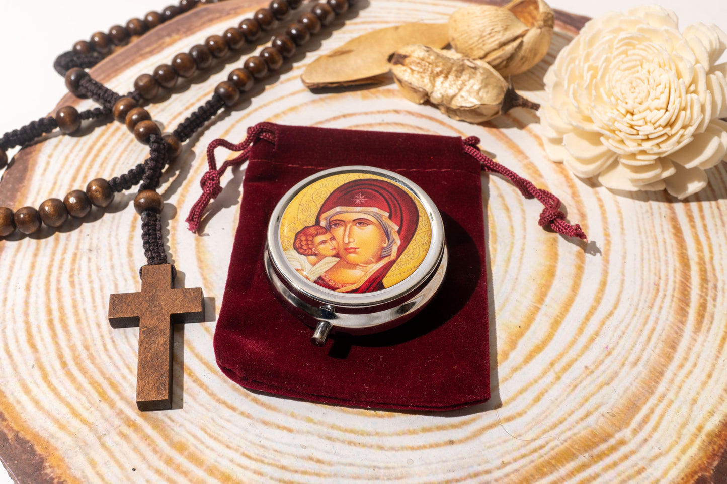 Round metal pill box with Virgin Mary and Jesus Christ icon and velvet pouch 5 cm (1.96 in)