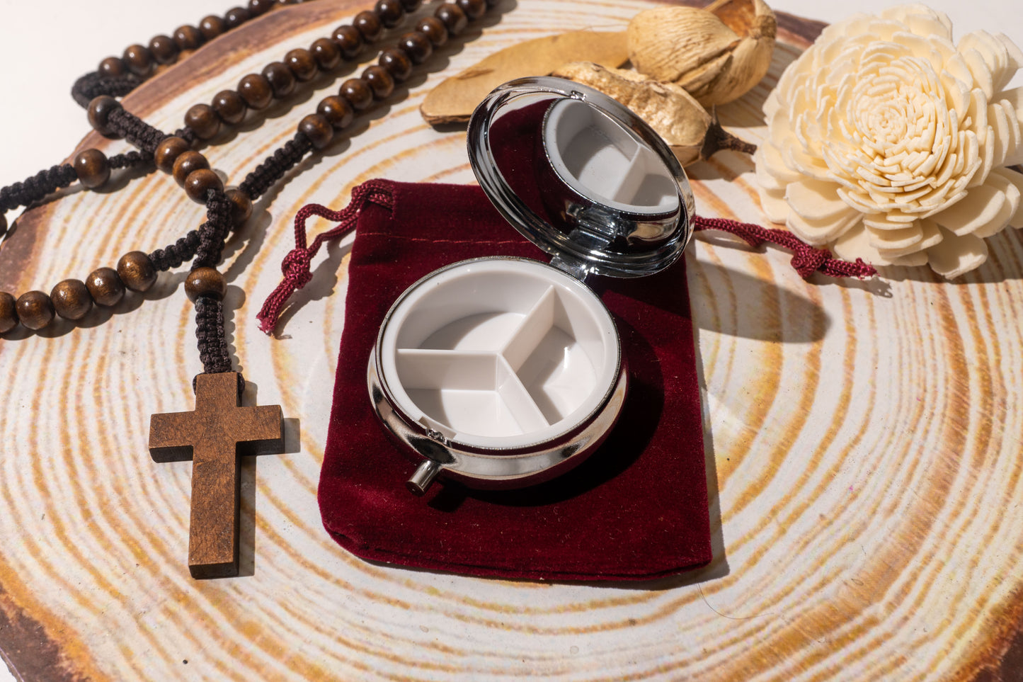 Round Metal Pill Box with Virgin Mary and Jesus Christ Icon and Velvet Pouch - 5 cm (1.96 in) Diameter