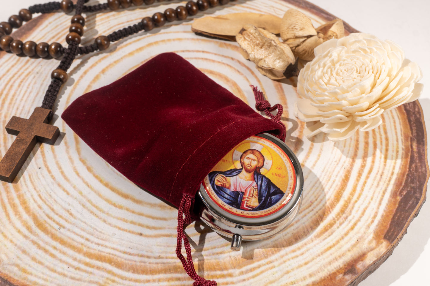 Round Metal Pill Box with Virgin Mary and Jesus Christ Icon and Velvet Pouch - 5 cm (1.96 in) Diameter