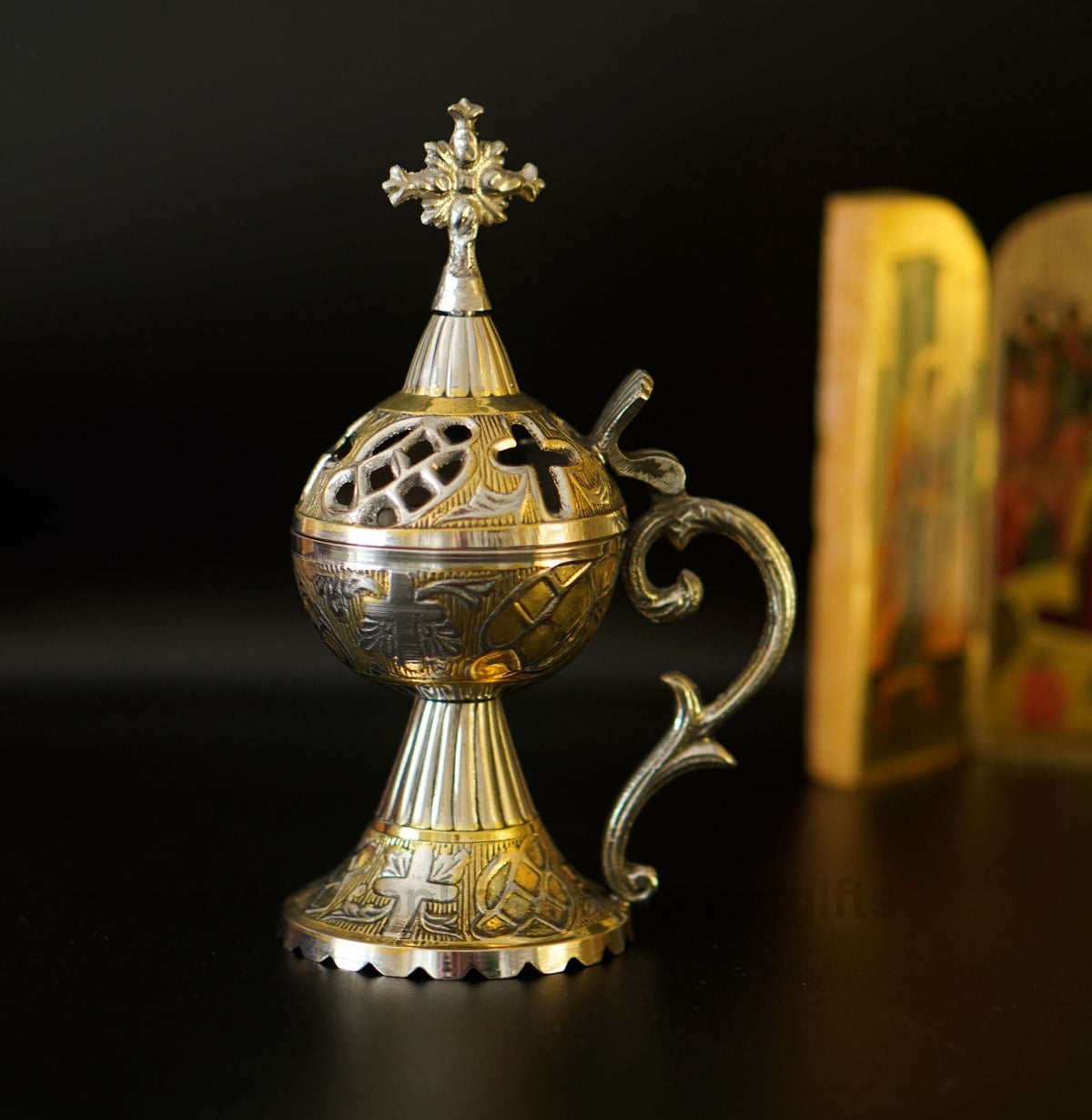 Standing solid brass incense burner censer two tone gold and nickel plated with Orthodox cross 17cm 6.7 inch