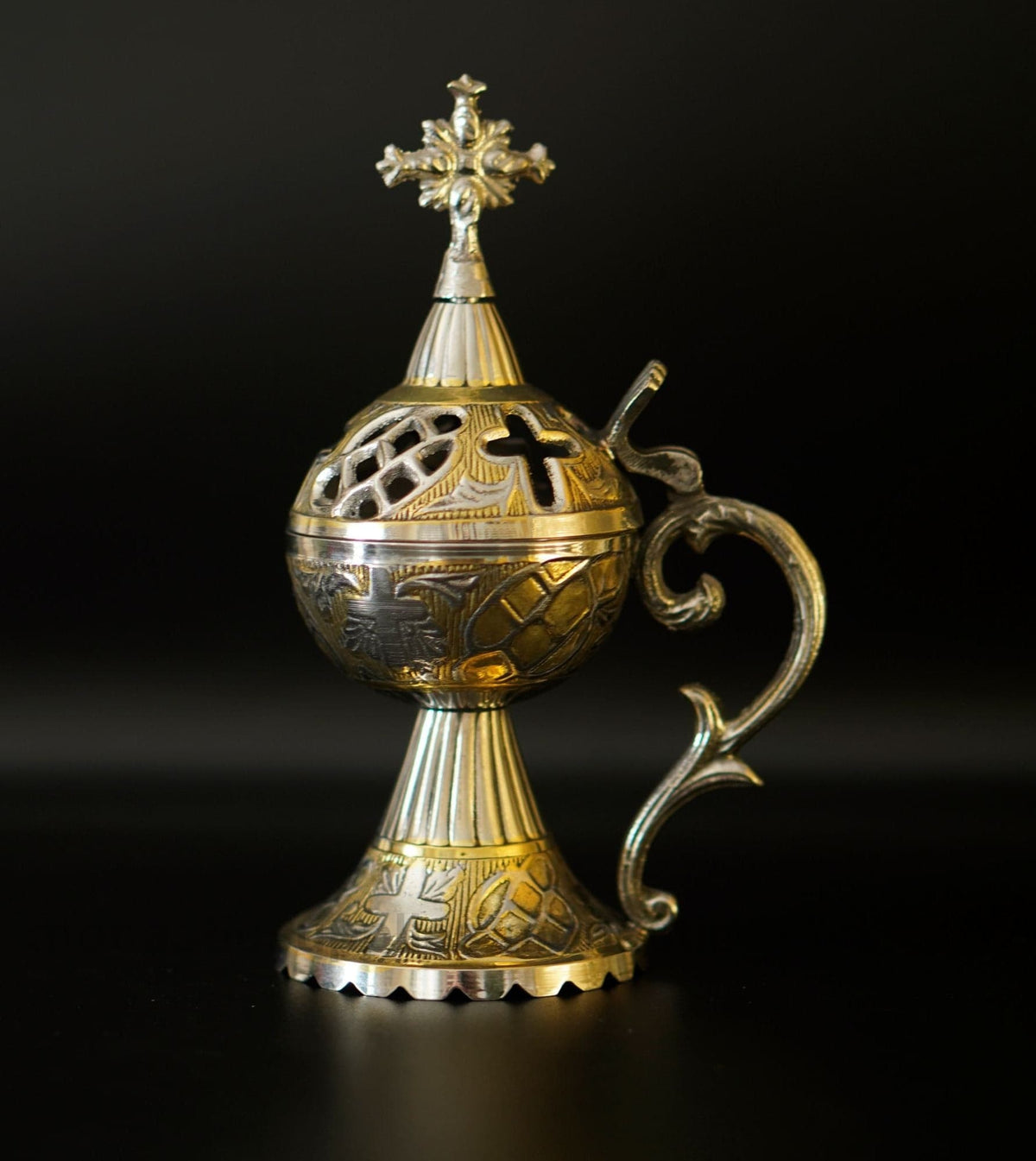 Standing solid brass incense burner censer two tone gold and nickel plated with Orthodox cross 17cm 6.7 inch