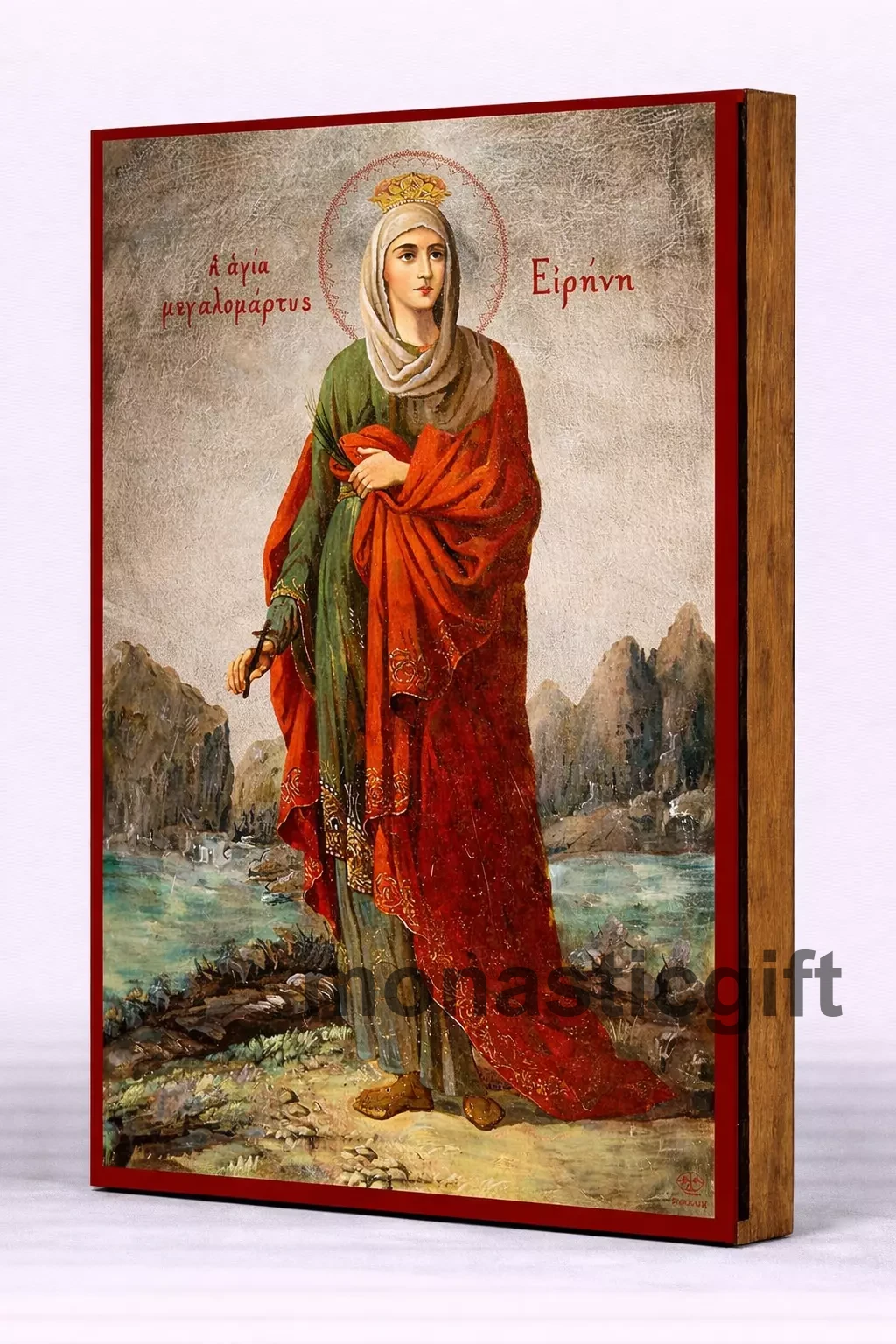 Saint Irene  Byzantine Icon – Handmade Wooden Orthodox Icon on Gold Silk Canvas, Various Sizes