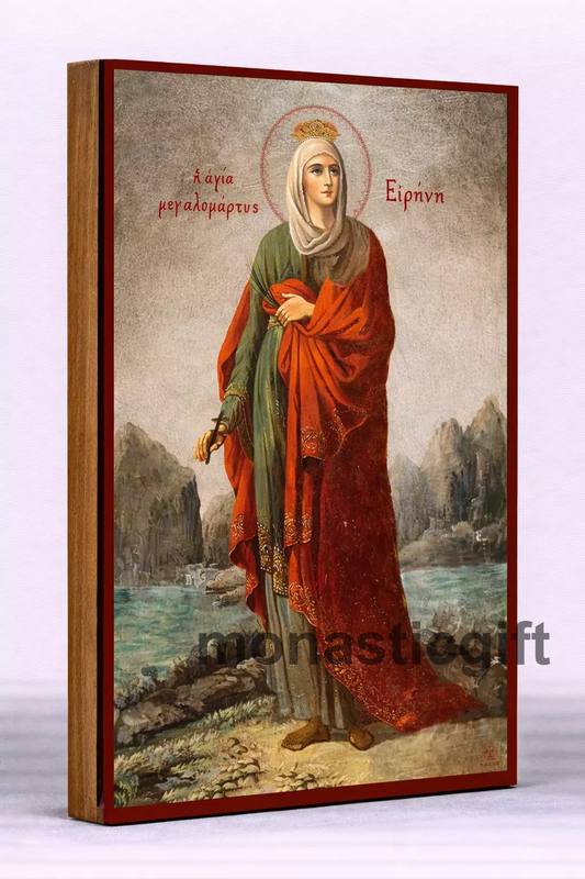 Saint Irene  Byzantine Icon – Handmade Wooden Orthodox Icon on Gold Silk Canvas, Various Sizes