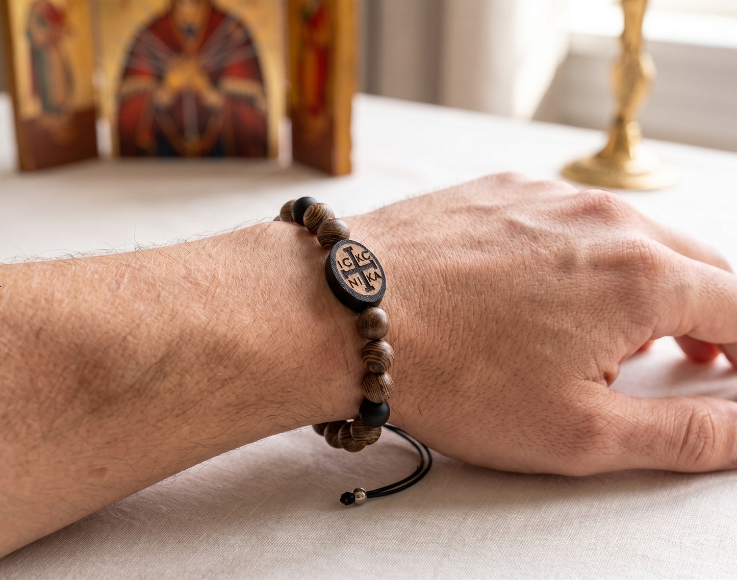 Orthodox IC XC NIKA Wooden Bead Bracelet - Handcrafted Christian Prayer Komboskini