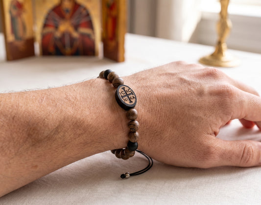Orthodox IC XC NIKA Wooden Bead Bracelet - Handcrafted Christian Prayer Komboskini