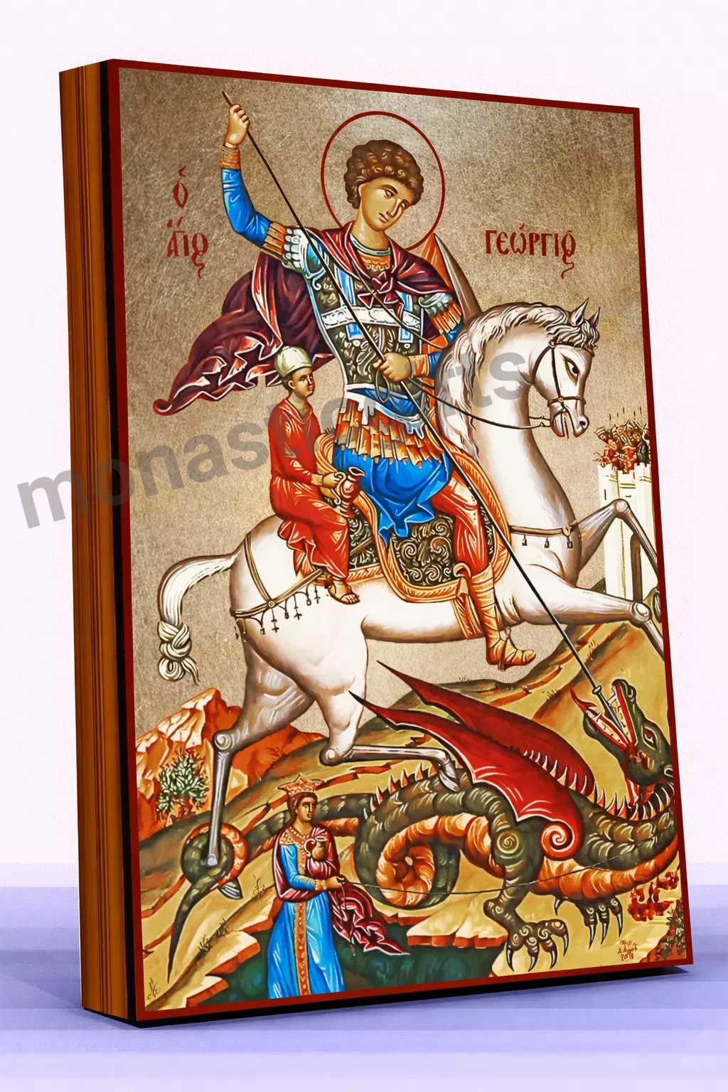 Saint George Byzantine Icon – Handmade Wooden Orthodox Icon on Gold Silk Canvas, Various Sizes