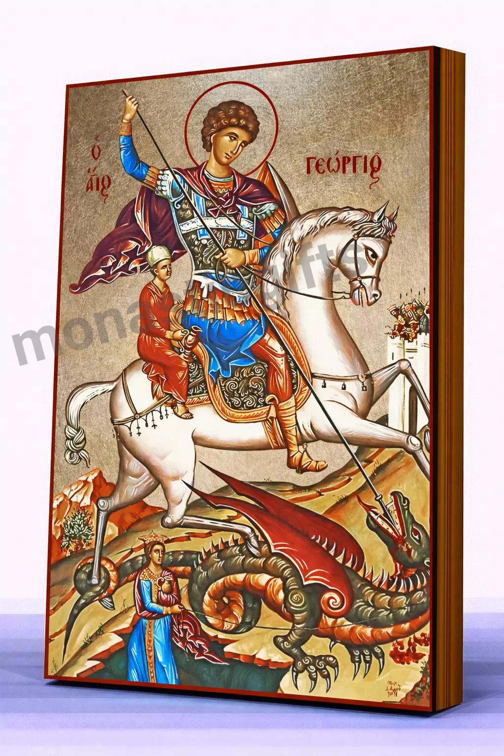 Saint George Byzantine Icon – Handmade Wooden Orthodox Icon on Gold Silk Canvas, Various Sizes