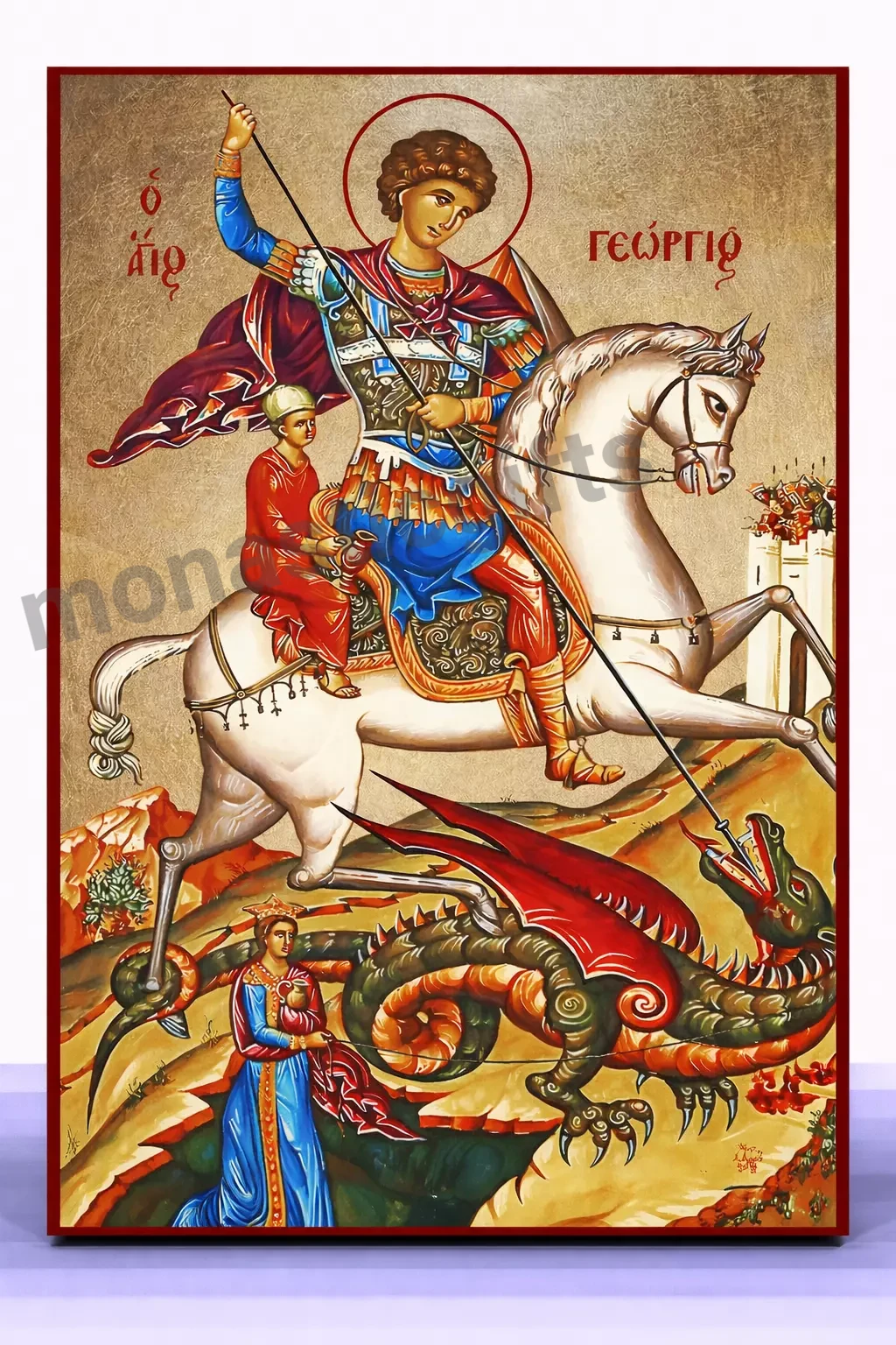 Saint George Byzantine Icon – Handmade Wooden Orthodox Icon on Gold Silk Canvas, Various Sizes