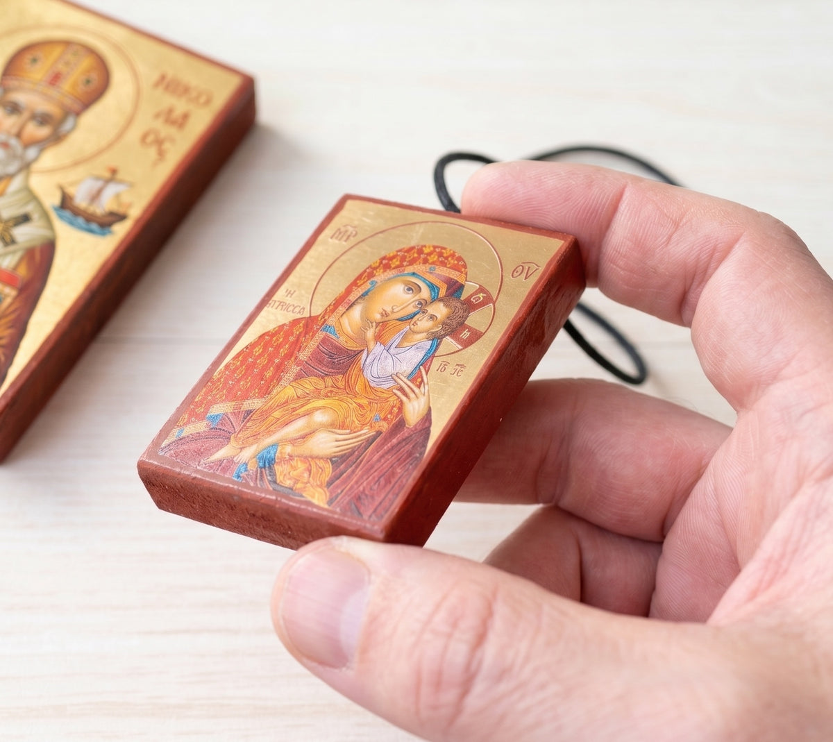 Virgin Mary Giatrissa miniature handcrafted Byzantine wooden pocket icon and compact altar keepsake 4.2 x 5 cm 1.65 x 1.96 in made in Greece