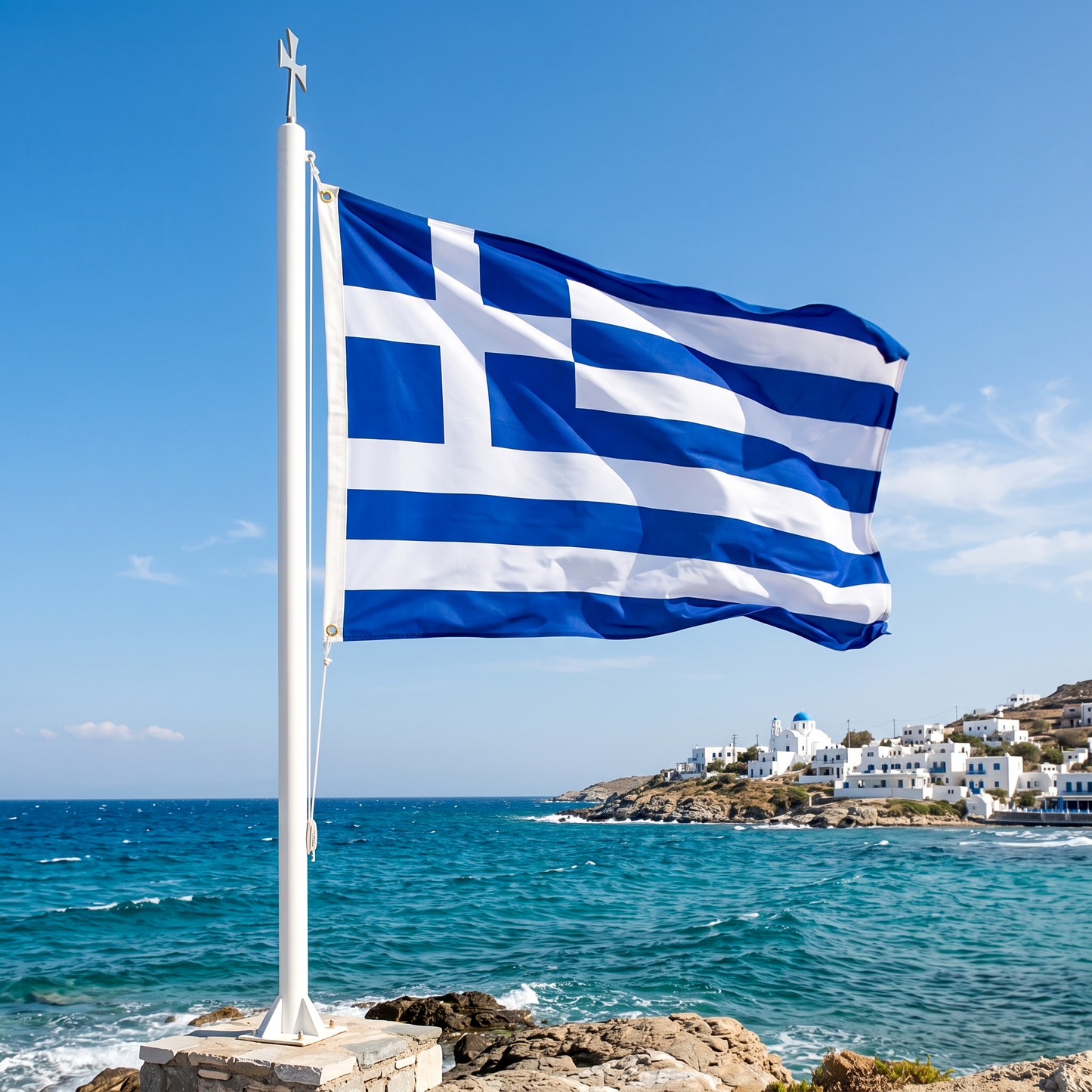 Durable polyester Greek national flag 150x100 cm (59.06x39.37 in) waving on a seaside flagpole in Greece