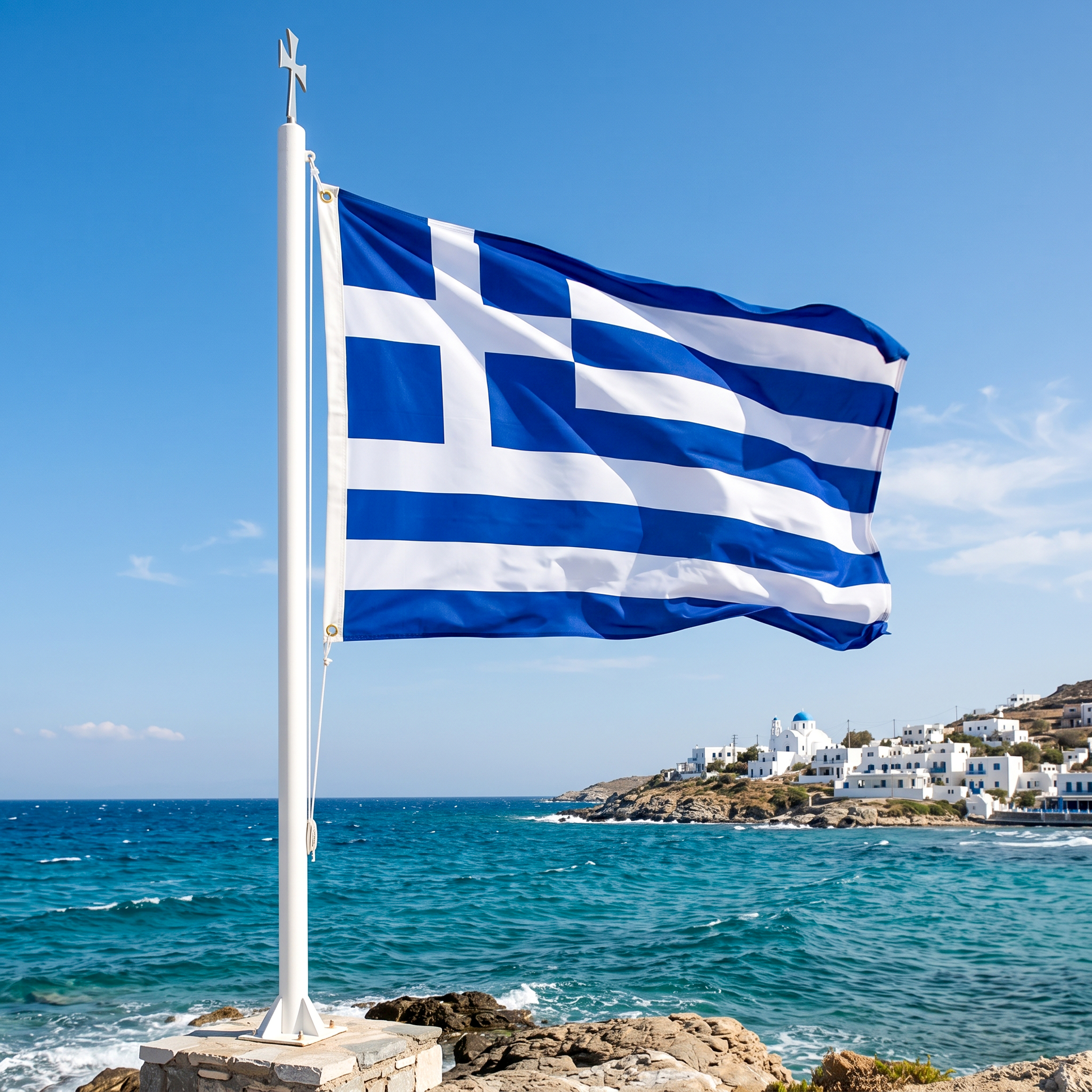 Durable polyester Greek national flag 150x100 cm (59.06x39.37 in) waving on a seaside flagpole in Greece
