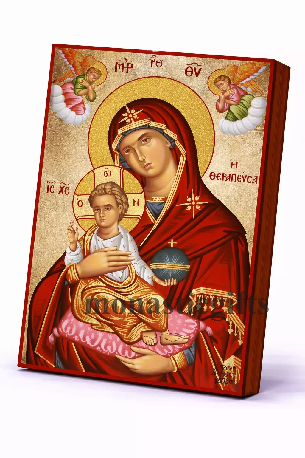 Panagia the Healer (Our Lady the Healing One) Byzantine Icon – Handmade Wooden Orthodox Icon on Gold Silk Canvas, Various Sizes