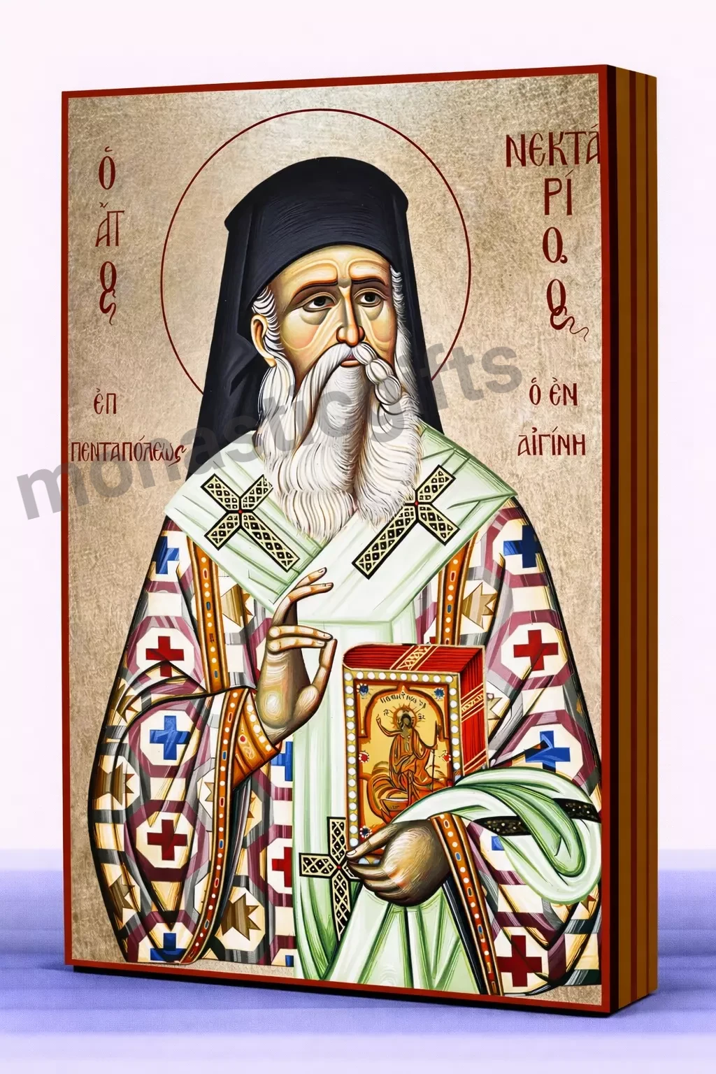 Saint Nektarios – Handmade Byzantine Icon on Gold Silk with Wooden Panel, Various Sizes