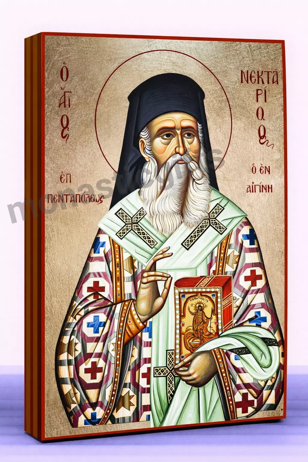 Saint Nektarios – Handmade Byzantine Icon on Gold Silk with Wooden Panel, Various Sizes