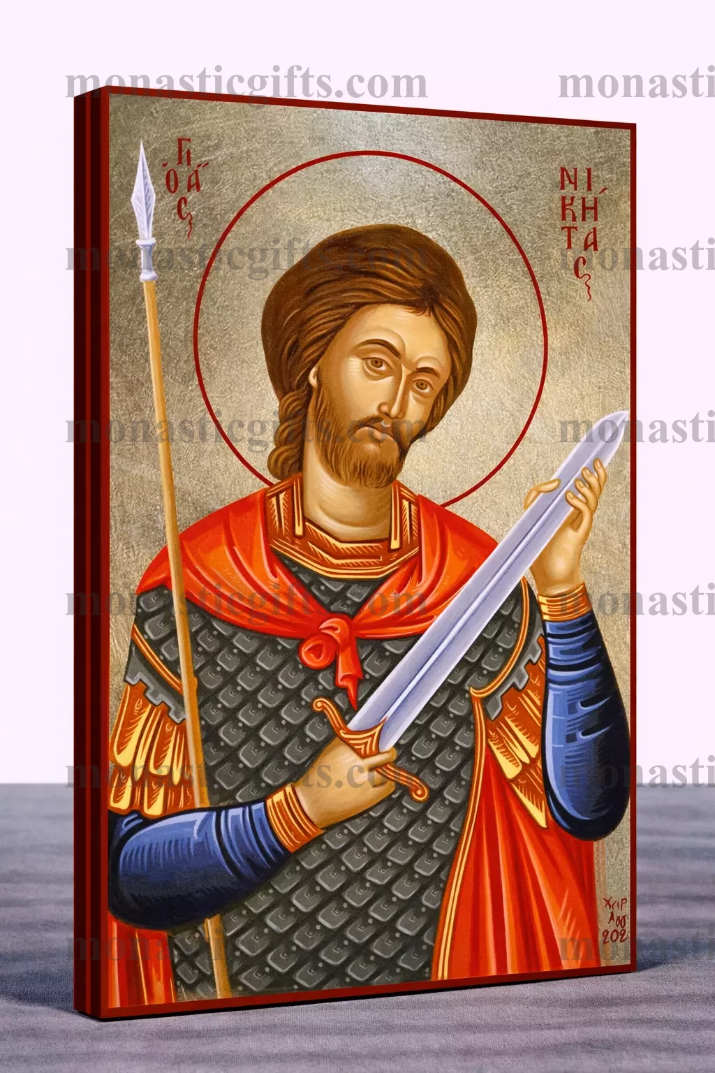 Saint Niketas Byzantine Icon – Handmade Wooden Orthodox Icon on Gold Silk Canvas, Various Sizes