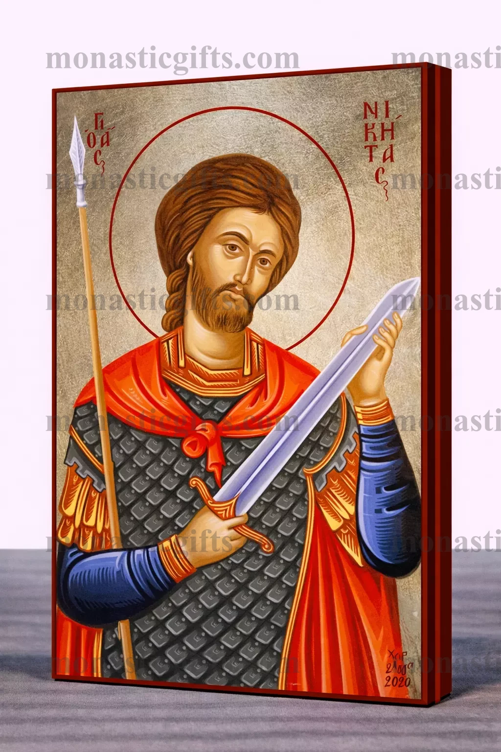 Saint Niketas Byzantine Icon – Handmade Wooden Orthodox Icon on Gold Silk Canvas, Various Sizes