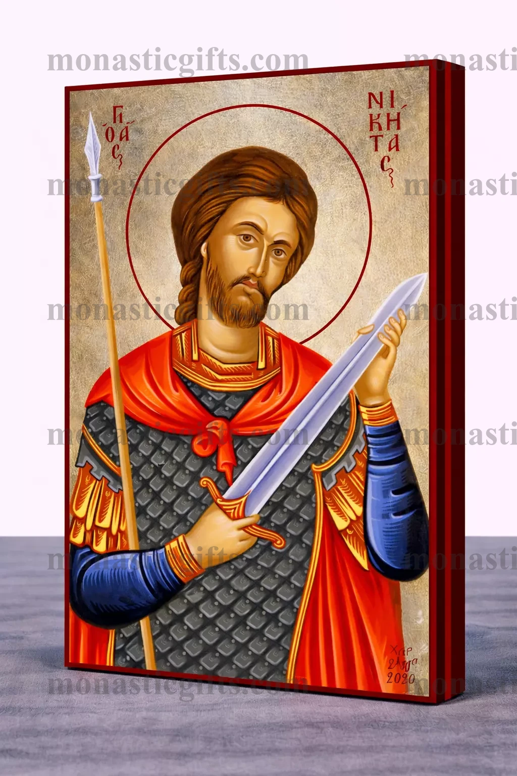 Saint Niketas Byzantine Icon – Handmade Wooden Orthodox Icon on Gold Silk Canvas, Various Sizes
