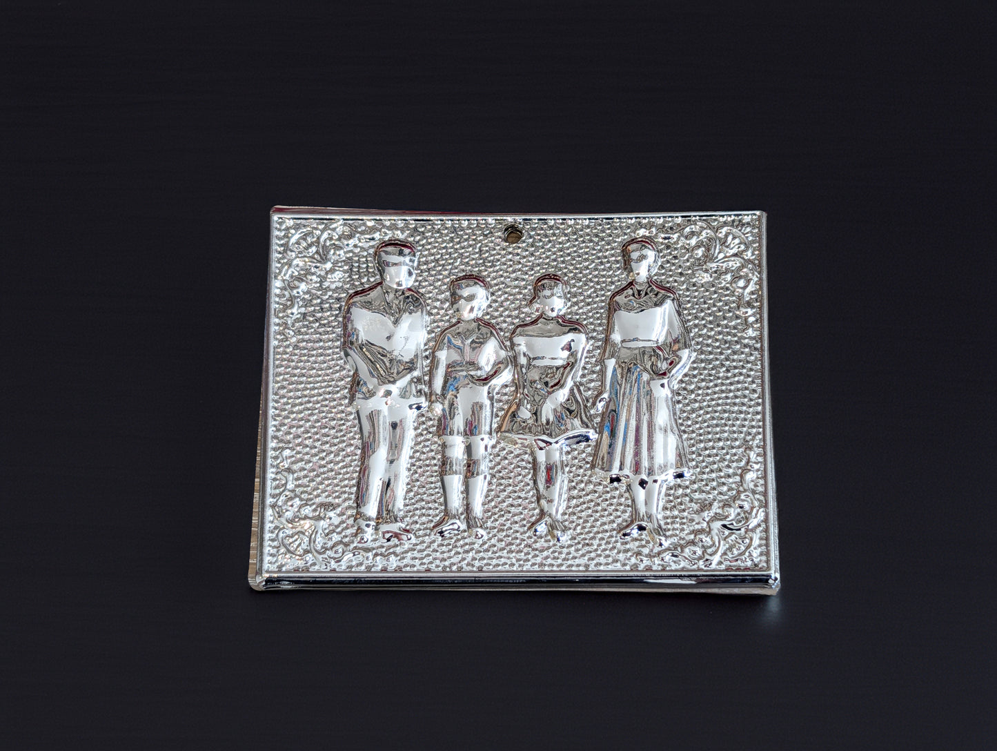 Authentic silver-toned Greek Orthodox family tamata ex-voto metal plaque measuring 6cm (2.3in) width and 8.5cm (3.34in) length for family blessings.