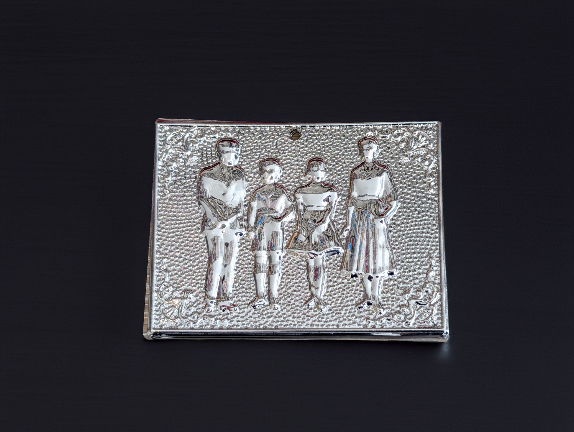 Authentic silver-toned Greek Orthodox family tamata ex-voto metal plaque measuring 6cm (2.3in) width and 8.5cm (3.34in) length for family blessings.