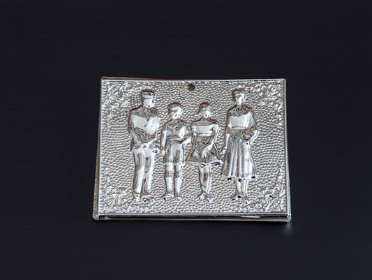 Authentic silver-toned Greek Orthodox family tamata ex-voto metal plaque measuring 6cm (2.3in) width and 8.5cm (3.34in) length for family blessings.