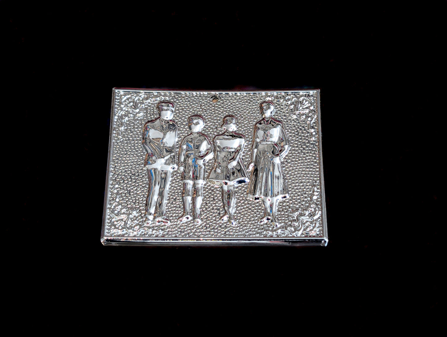 Authentic silver-toned Greek Orthodox family tamata ex-voto metal plaque measuring 6cm (2.3in) width and 8.5cm (3.34in) length for family blessings.