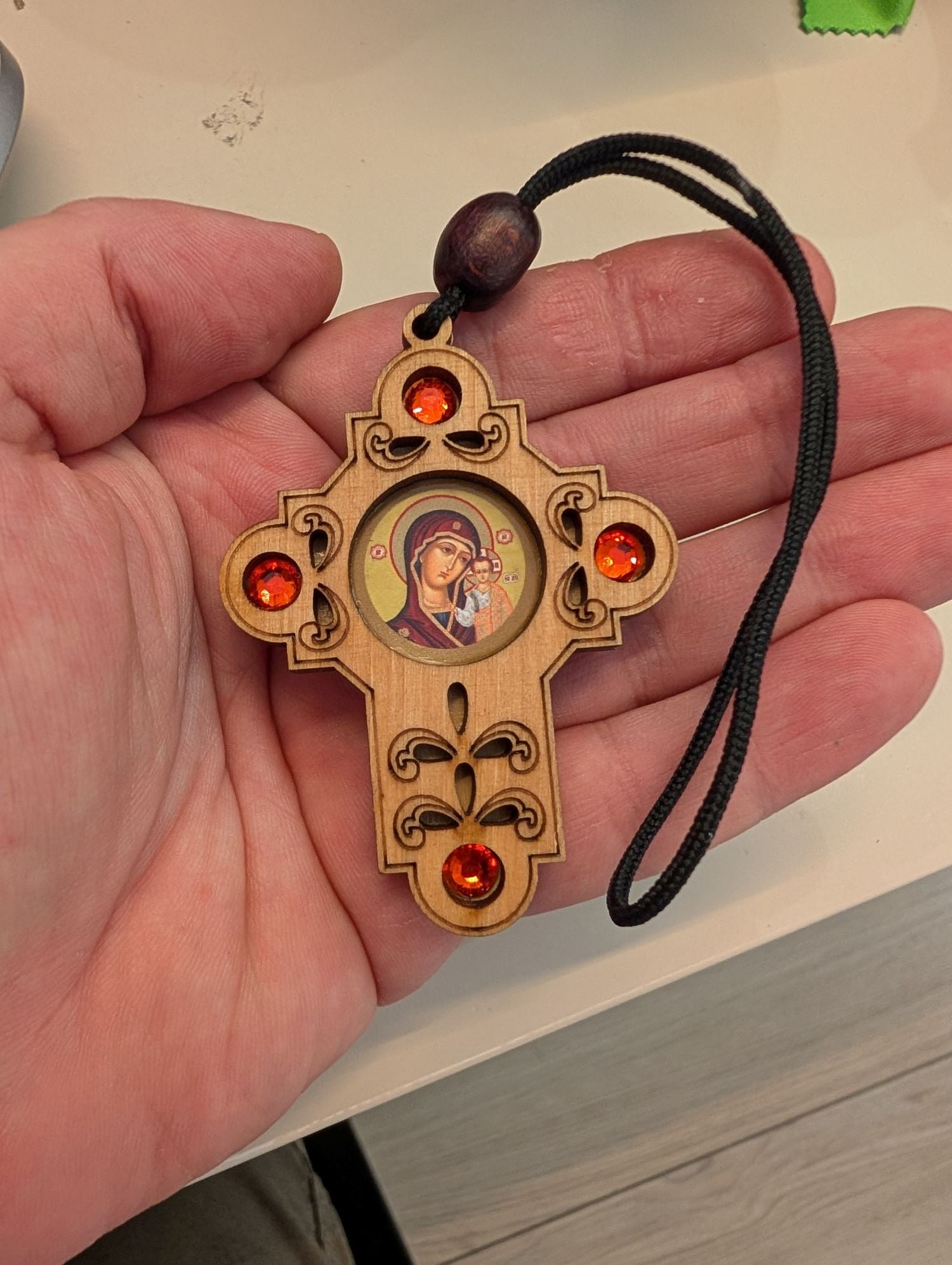Hanging wooden cross with Christian icon and crystal accents 5x7 cm (1.96x2.75 in) for car mirror and home
