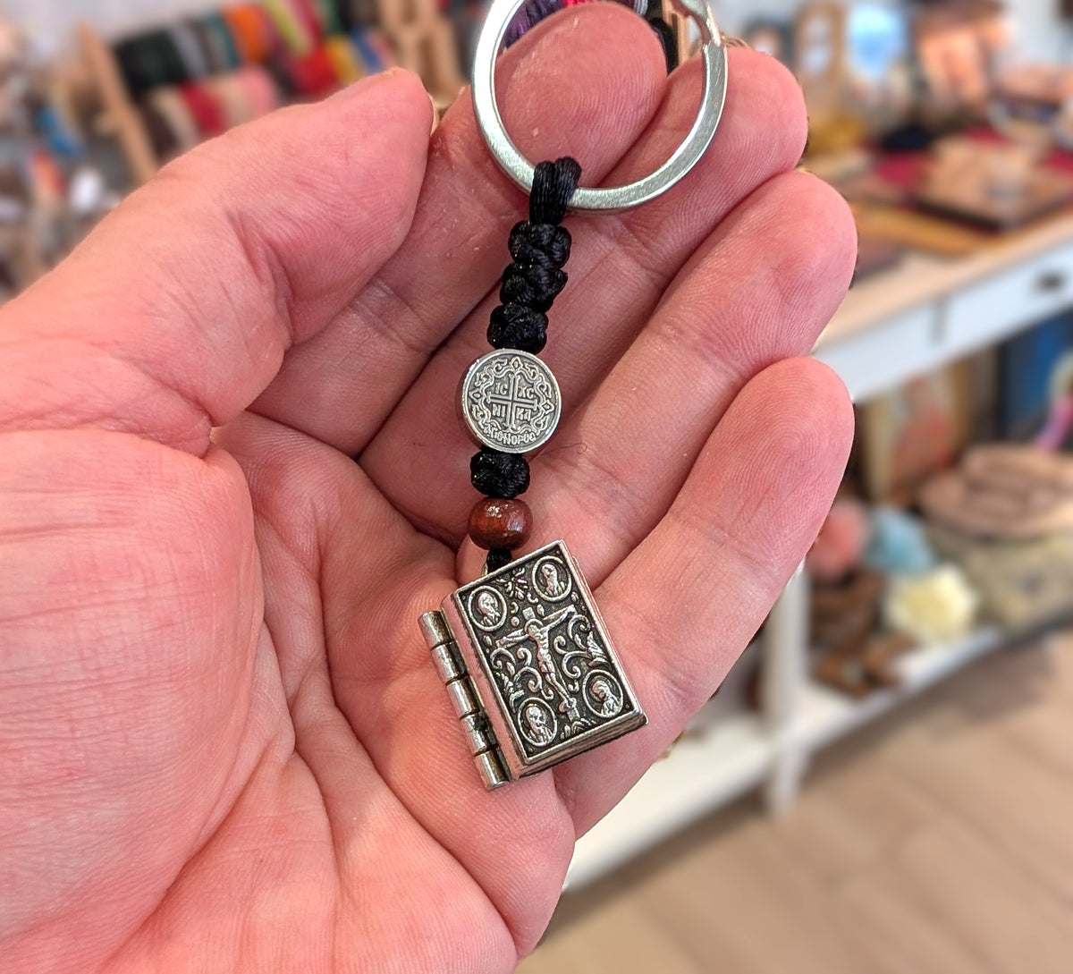 Miniature Metal Gospel Book Locket Keychain with Knotted Cord and Lords Prayer - 2.5x2 cm (0.98x0.78 in)