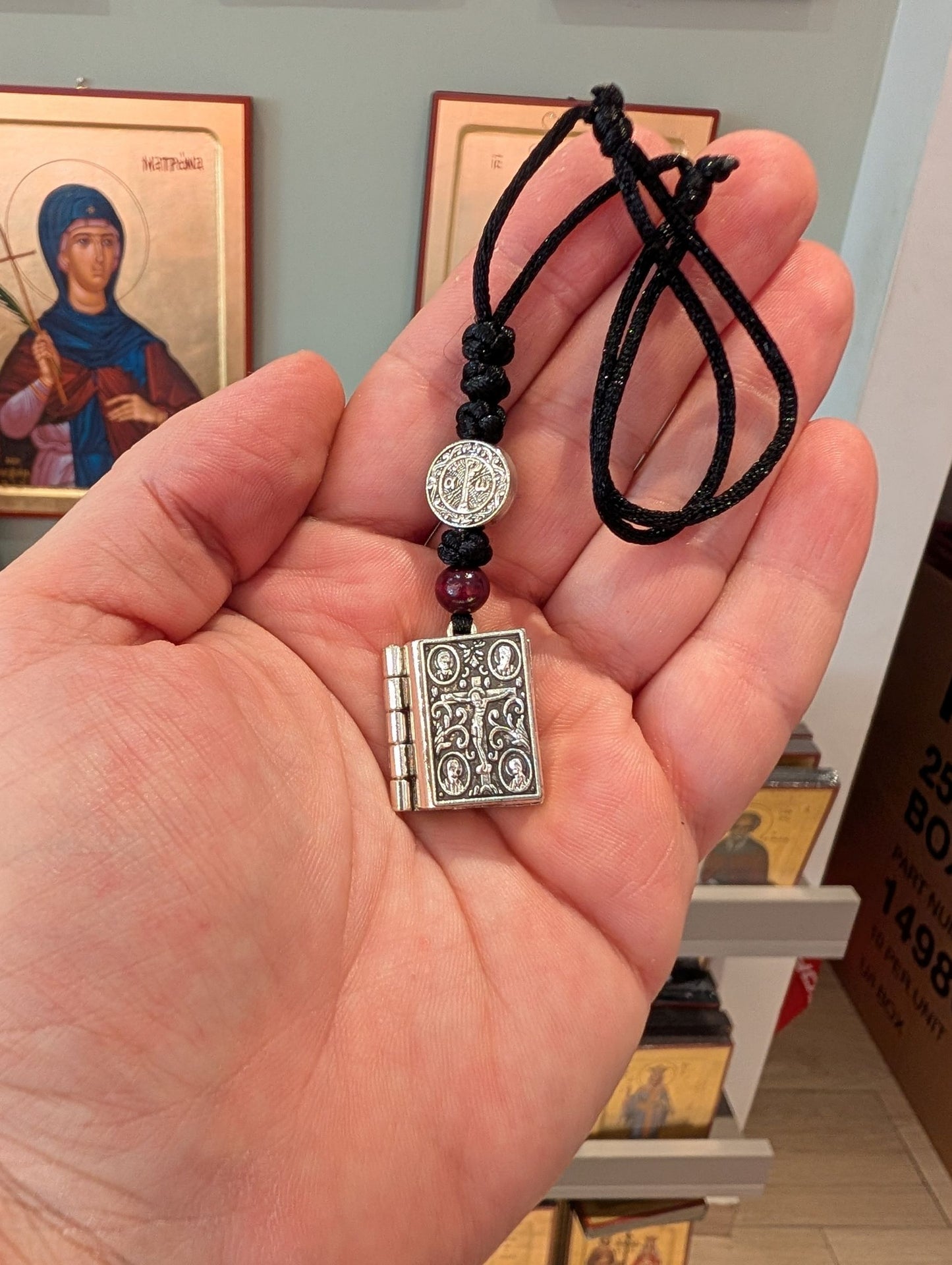 Hanging Miniature Metal Gospel Book Locket with Cord and Lords Prayer - 2.5x2 cm (0.98x0.78 in) - Car and Home Decor