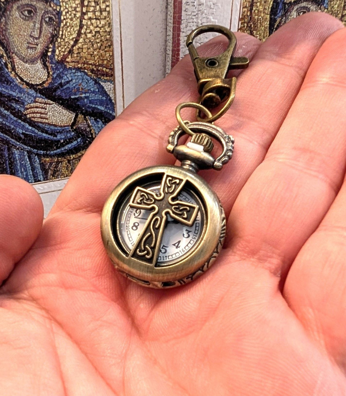 Mini pocket watch keychain antique bronze with cutout cross front and swivel bag clip