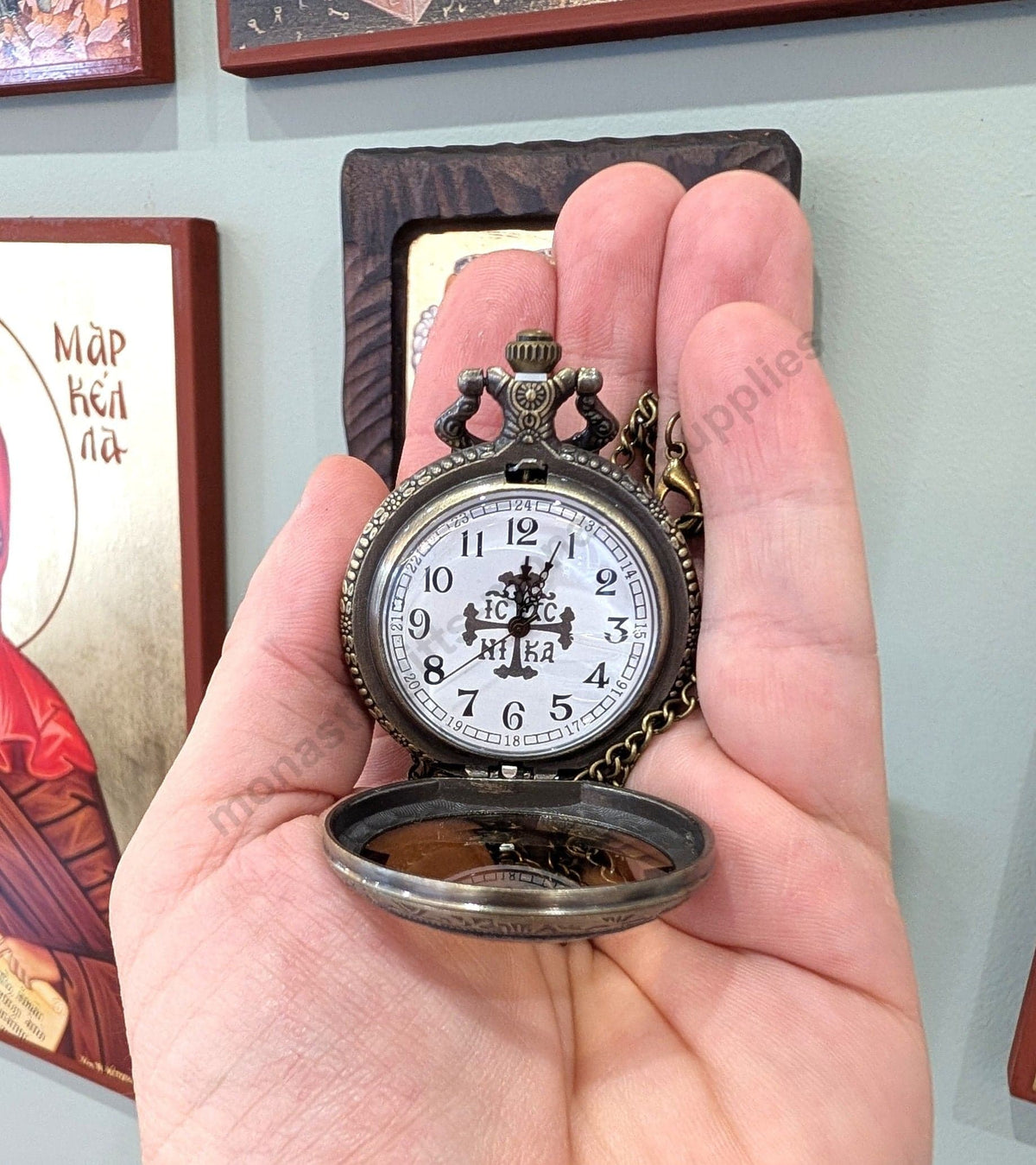 Pocket Watch Clear Cover IC XC NIKA Cross Dial Antique Bronze Case