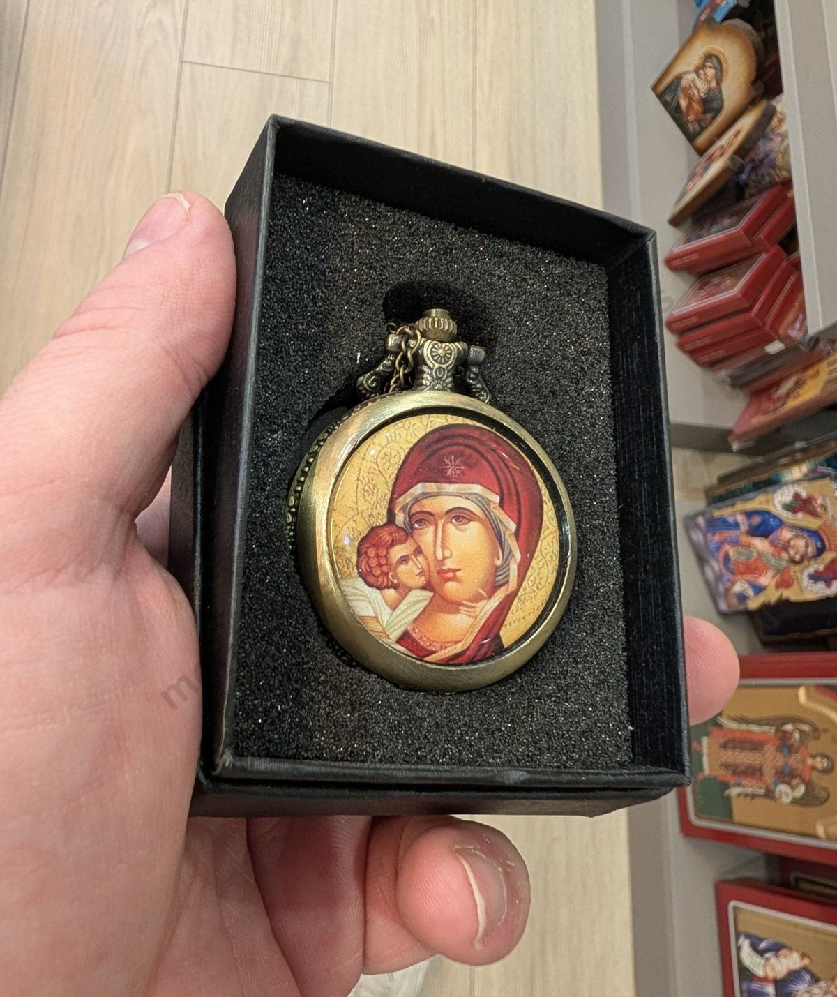 Pocket watch antique bronze Virgin Mary Sweet Kiss icon front IC XC NIKA engraved back in luxury gift box