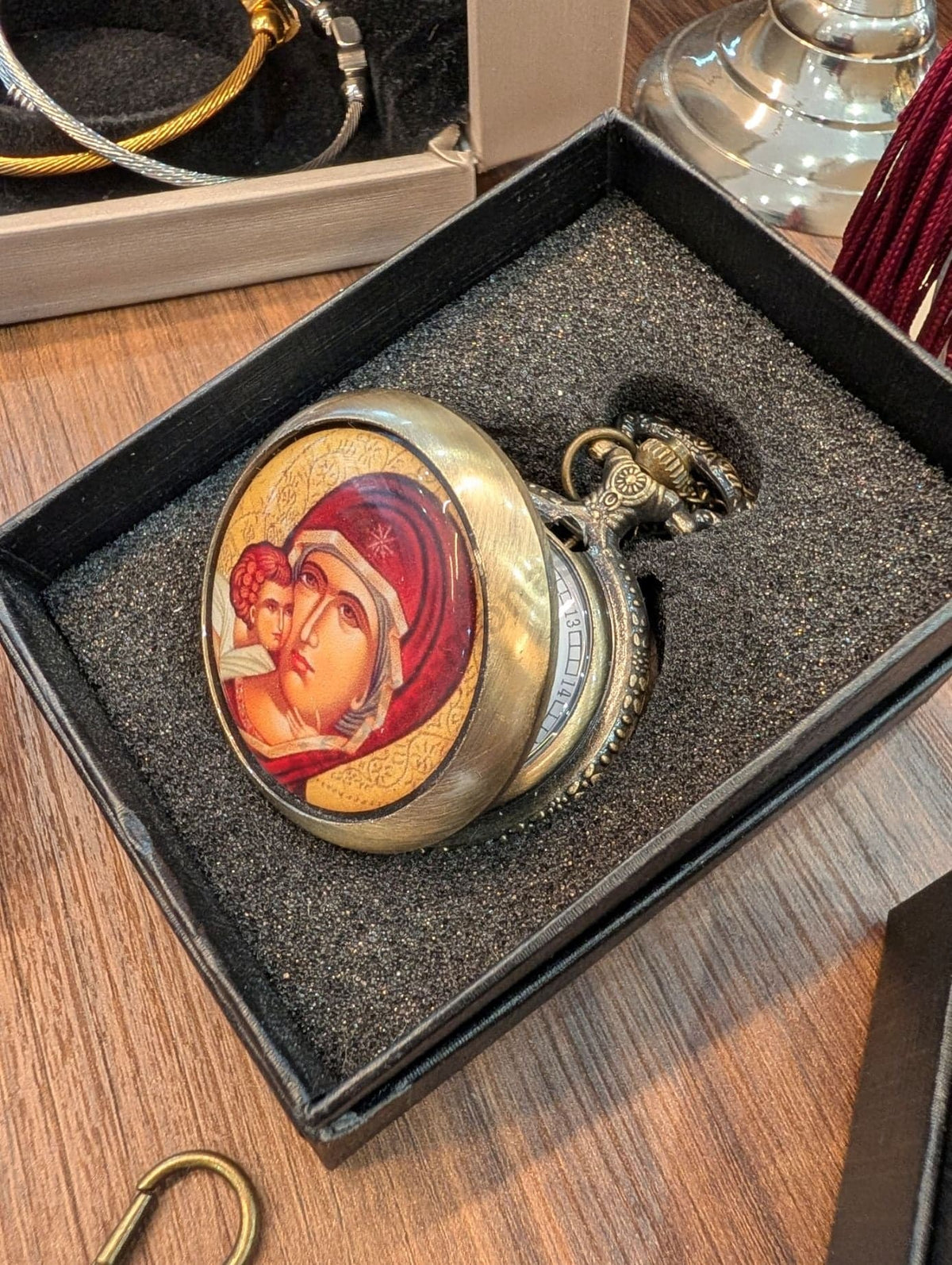 Pocket watch antique bronze Virgin Mary Sweet Kiss icon front IC XC NIKA engraved back in luxury gift box