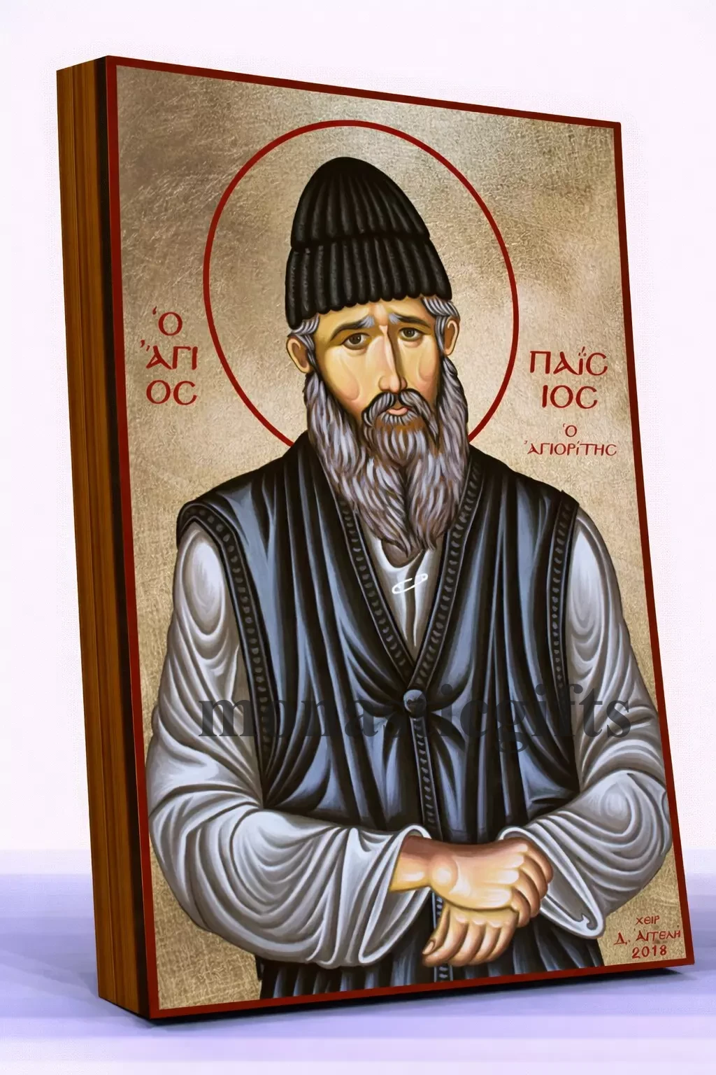 Saint Paisios The Athonite Byzantine Icon – Handmade Wooden Orthodox Icon on Gold Silk Canvas, Various Sizes