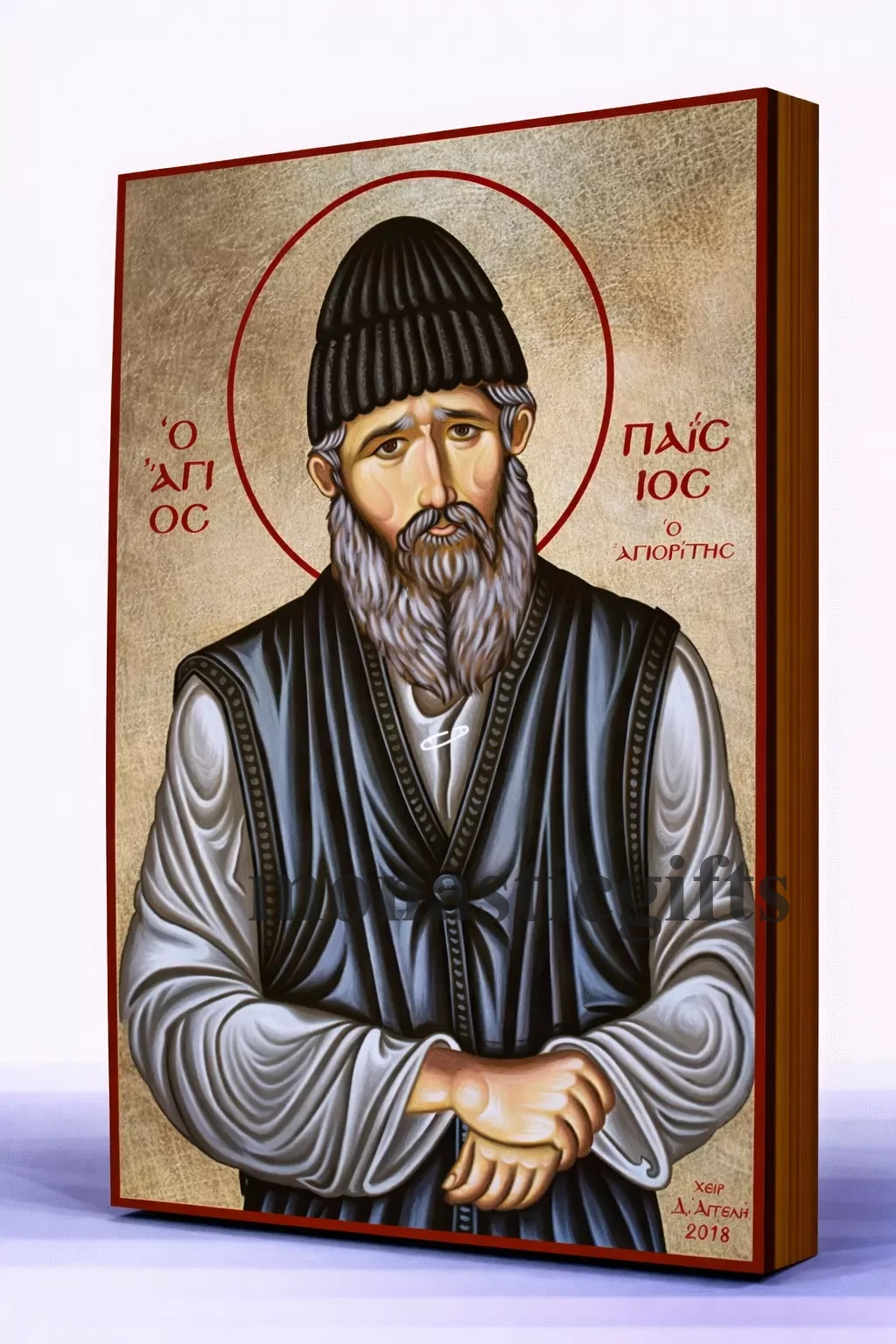 Saint Paisios The Athonite Byzantine Icon – Handmade Wooden Orthodox Icon on Gold Silk Canvas, Various Sizes