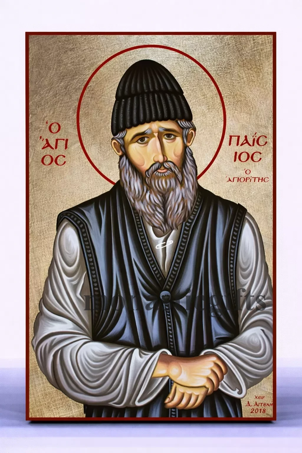 Saint Paisios The Athonite Byzantine Icon – Handmade Wooden Orthodox Icon on Gold Silk Canvas, Various Sizes