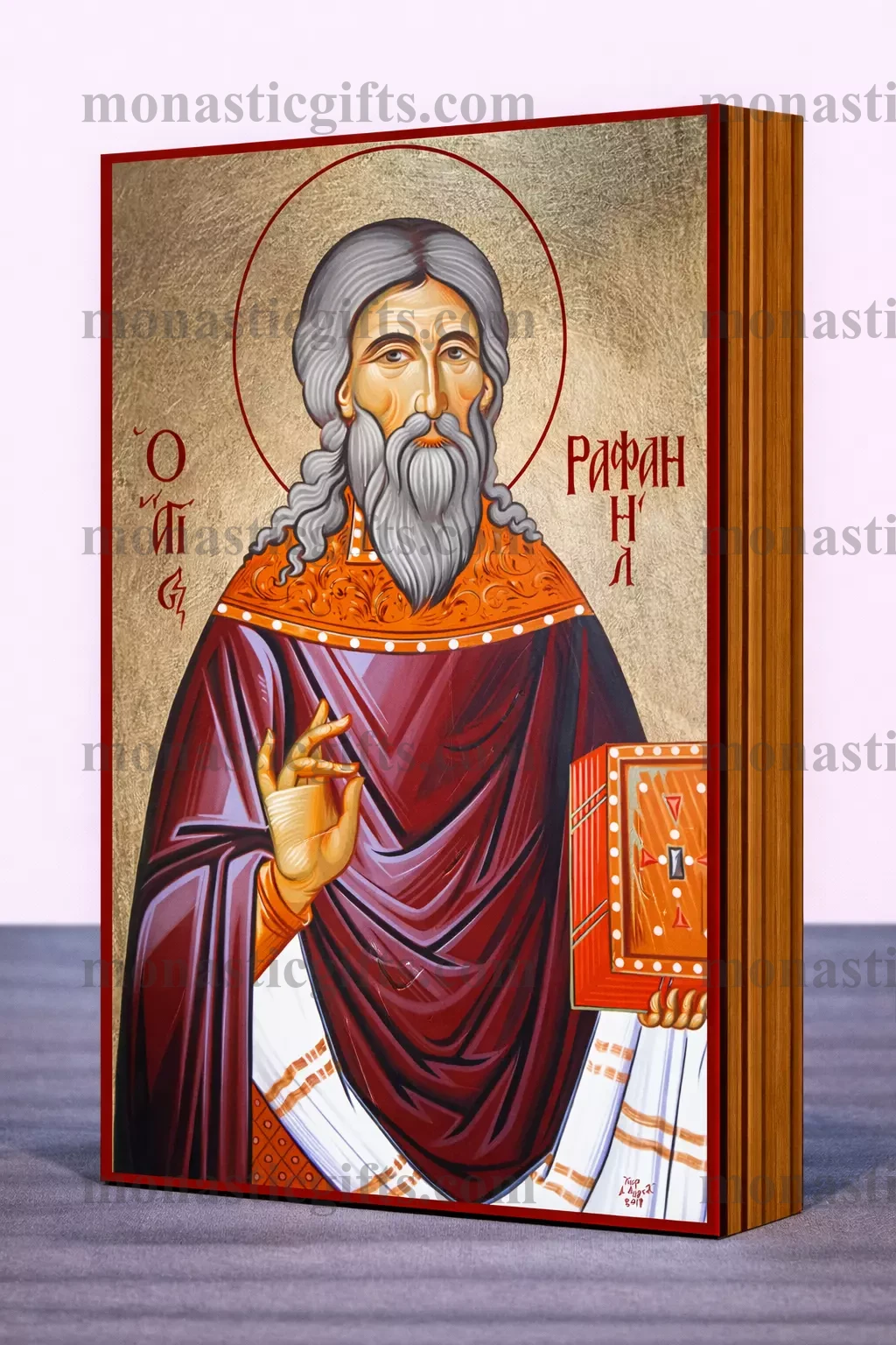 Saint Raphael Byzantine Icon – Handmade Wooden Orthodox Icon on Gold Silk Canvas, Various Sizes