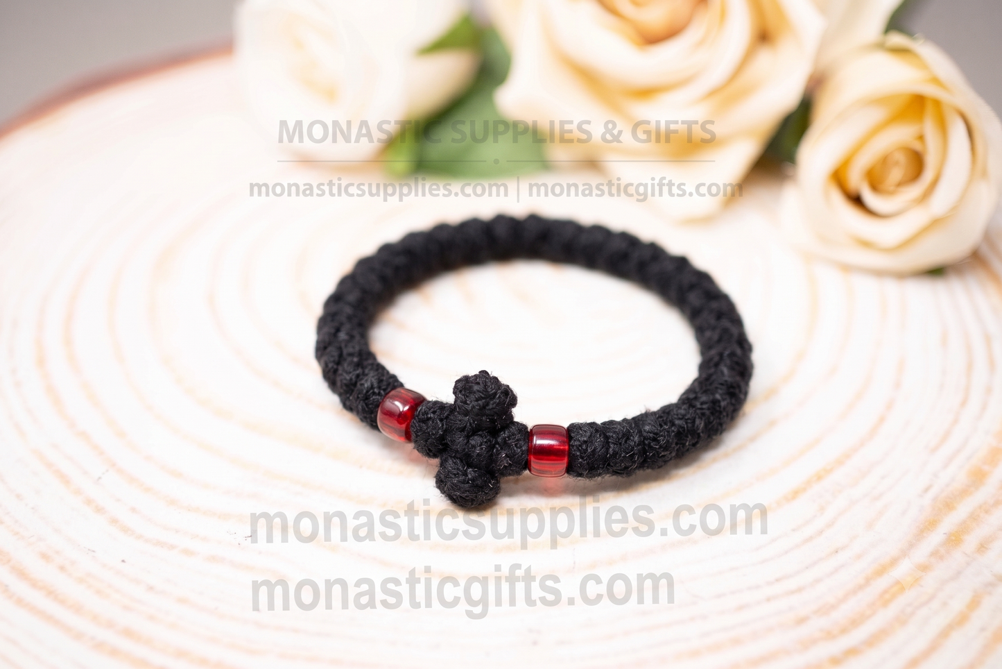 Traditional thick black wool Orthodox prayer rope komboskini bracelet 1pc with red beads adjustable from 16-20cm (6.3-7.87in).