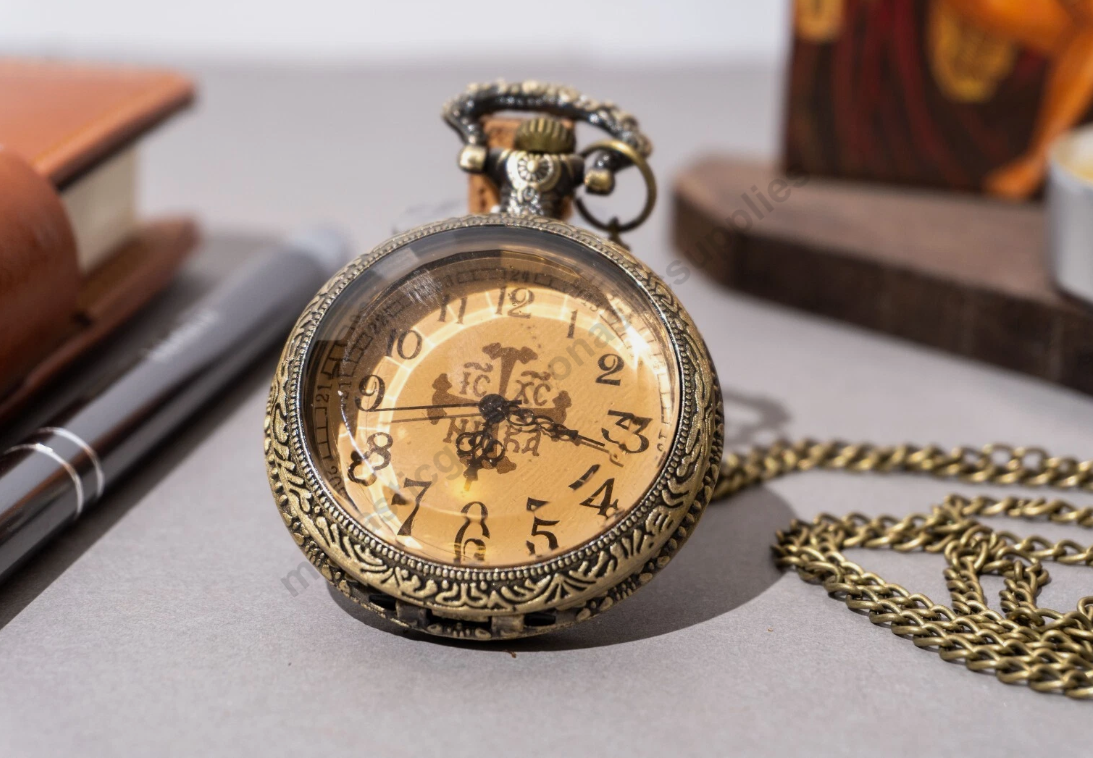 Pocket watch clear crystal flip cover antique bronze with IC XC NIKA cross dial and floral filigree back