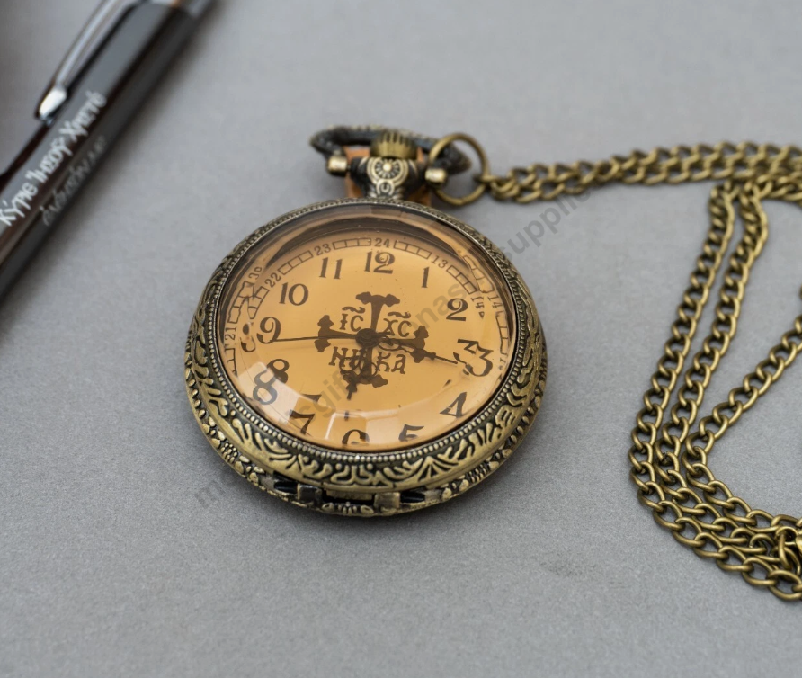 Pocket watch clear crystal flip cover antique bronze with IC XC NIKA cross dial and floral filigree back