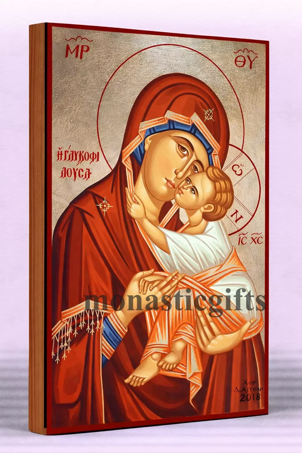 The Virgin Mary Sweet-Kissing  Byzantine Icon – Handmade Wooden Orthodox Icon on Gold Silk Canvas, Various Sizes