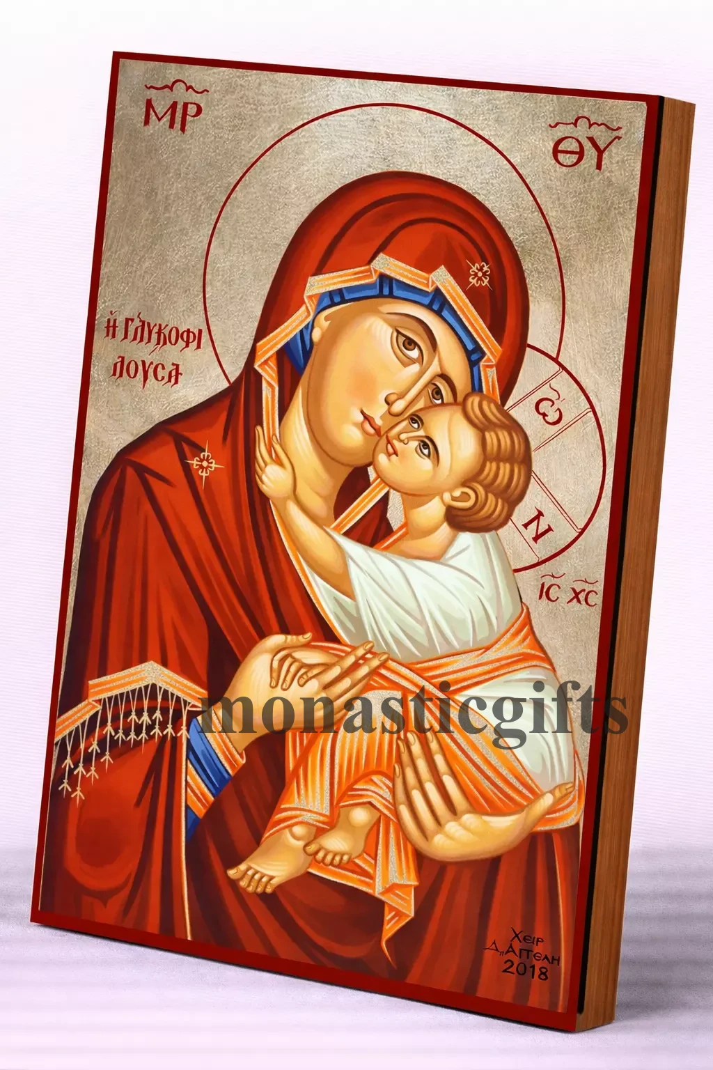 The Virgin Mary Sweet-Kissing  Byzantine Icon – Handmade Wooden Orthodox Icon on Gold Silk Canvas, Various Sizes