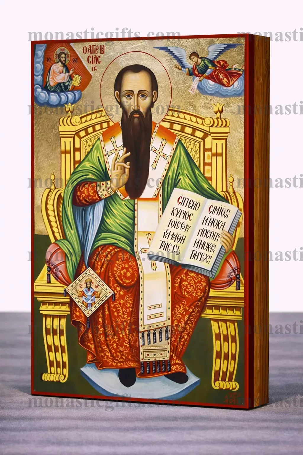 Saint Basil the Great Byzantine Icon – Handmade Wooden Orthodox Icon on Gold Silk Canvas, Various Sizes