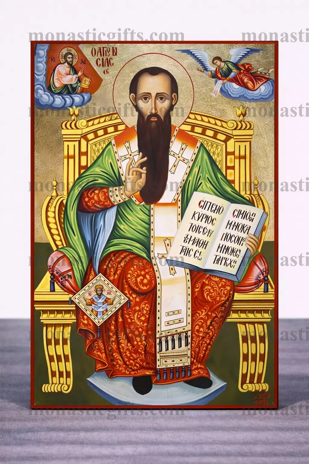 Saint Basil the Great Byzantine Icon – Handmade Wooden Orthodox Icon on Gold Silk Canvas, Various Sizes