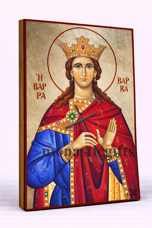 Saint Barbara Byzantine Icon – Handmade Wooden Orthodox Icon on Gold Silk Canvas, Various Sizes