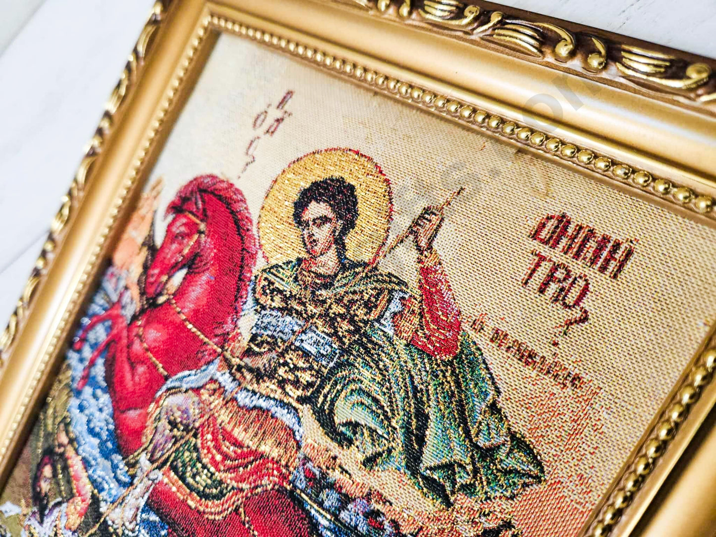 Handmade Christian Embroidered icon of Saint Demetrios in a frame,Religious art.