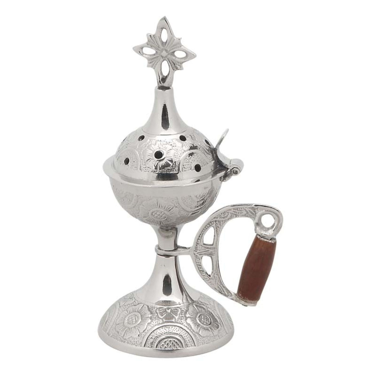 Standing solid brass incense burner censer nickel plated with wooden handle and Orthodox cross 16cm 6.3 inch
